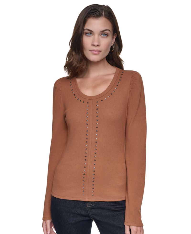 Women's Scoop Neck Long-Puff Sleeve Rhinestud Cotton-Blend Top