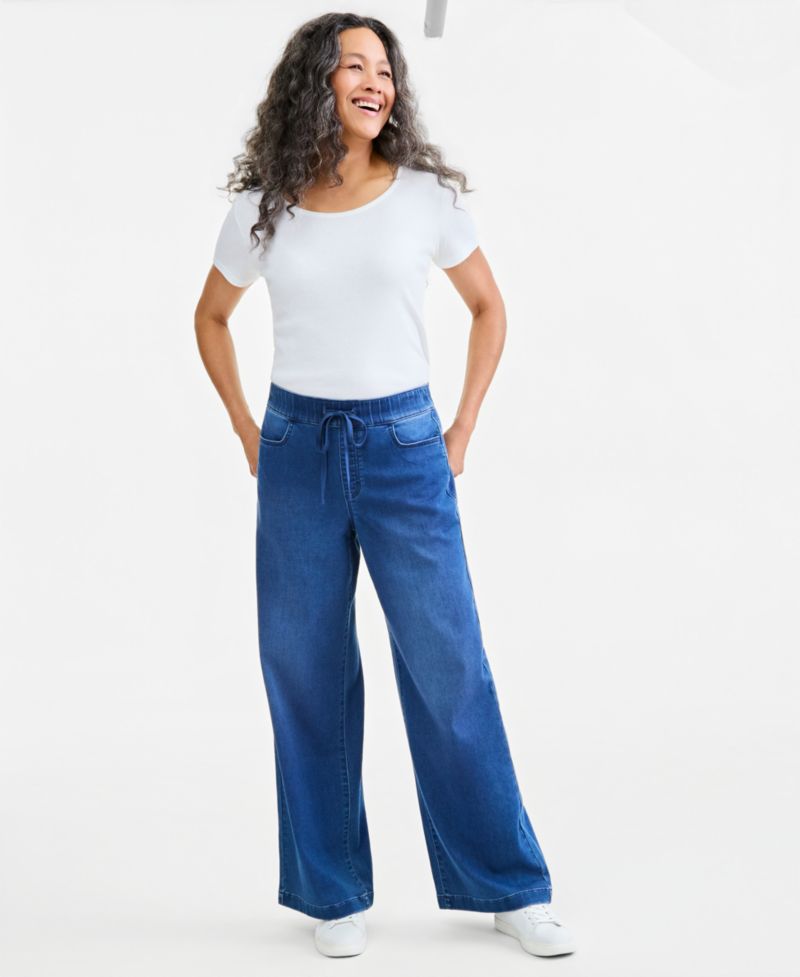 Women's Knit High-Rise Wide-Leg Pull-On Jeans, Macy's Exclusive