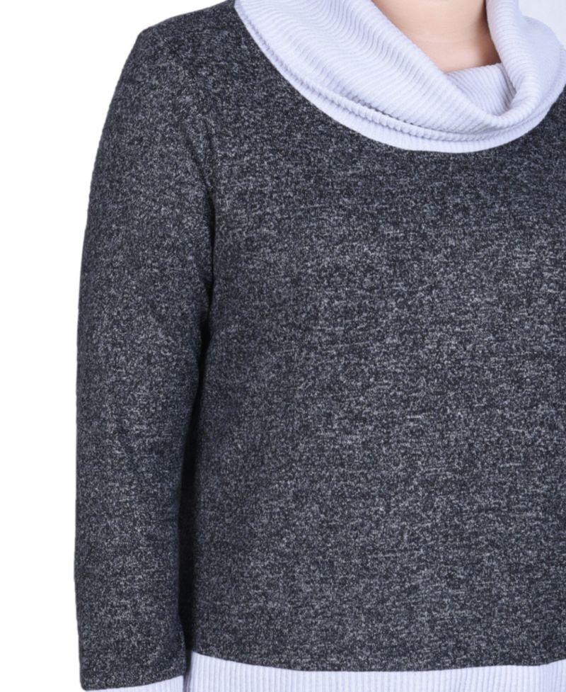Petite Long Sleeve Cowl Neck Colorblocked Top