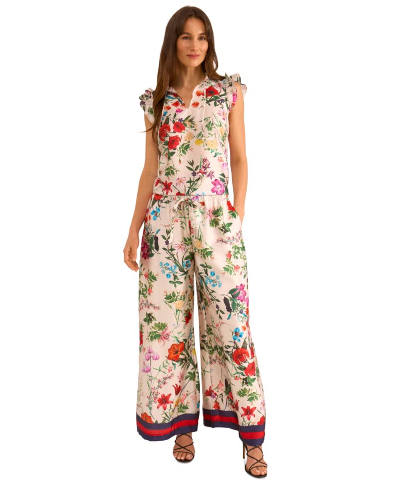 Women's Satin Floral-Print Ruffled Sleeve Top