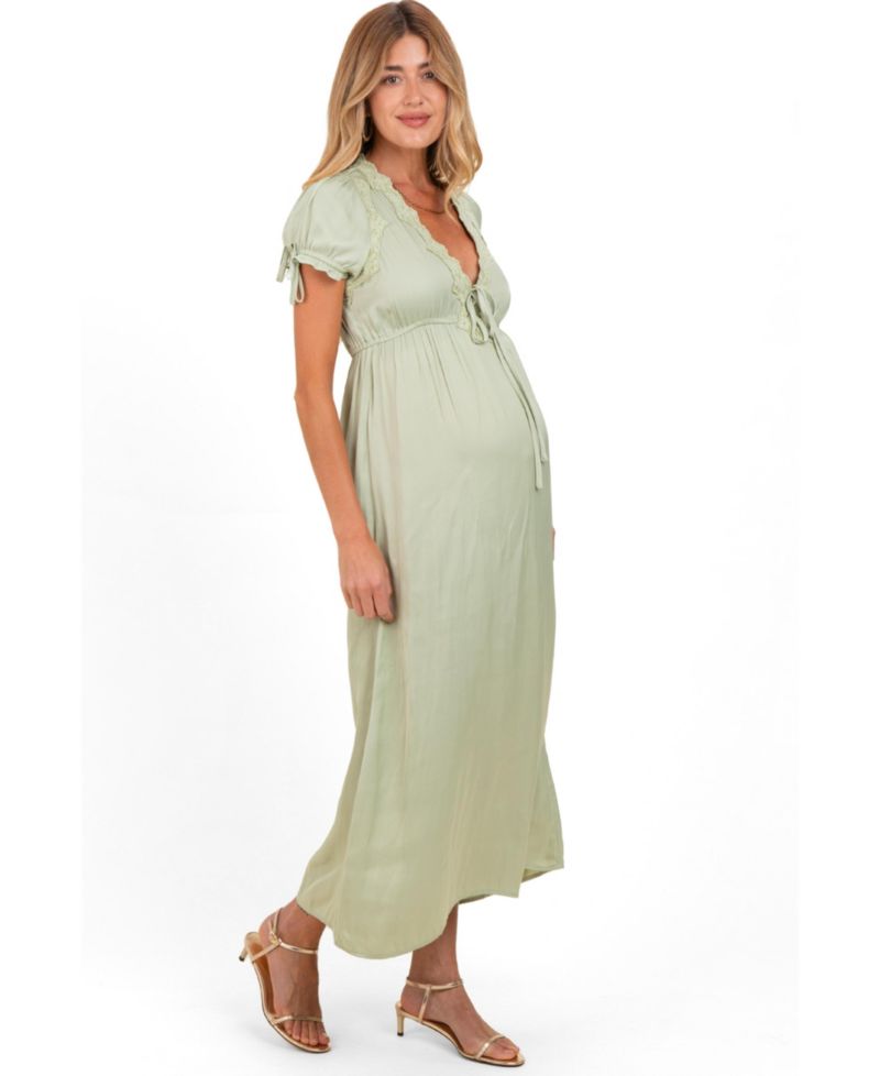 Maternity Satin Lace Detail V-Neck Short-Sleeve Maxi Dress