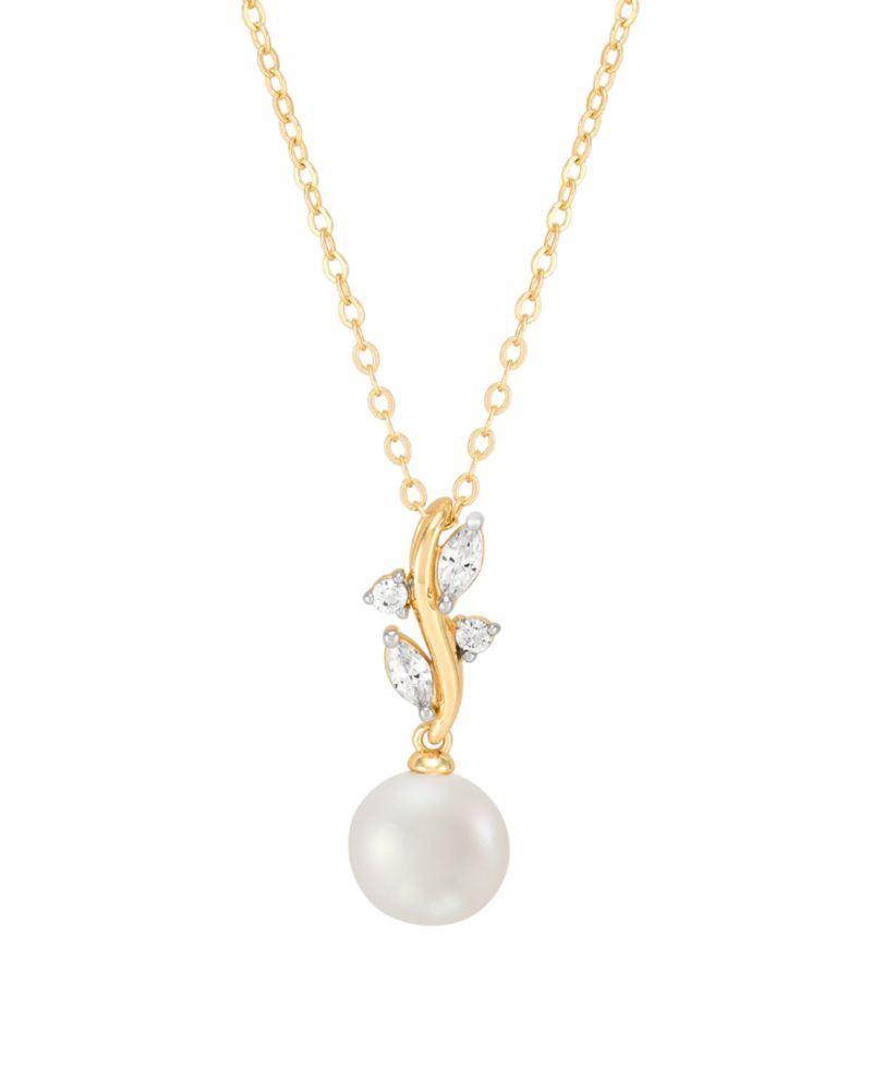 2-Pc. Cultured Freshwater Pearl (7-8mm) & White Cubic Zirconia Drop Earrings and Pendant Necklace Set in 14k Yellow Gold Over Sterling Silver