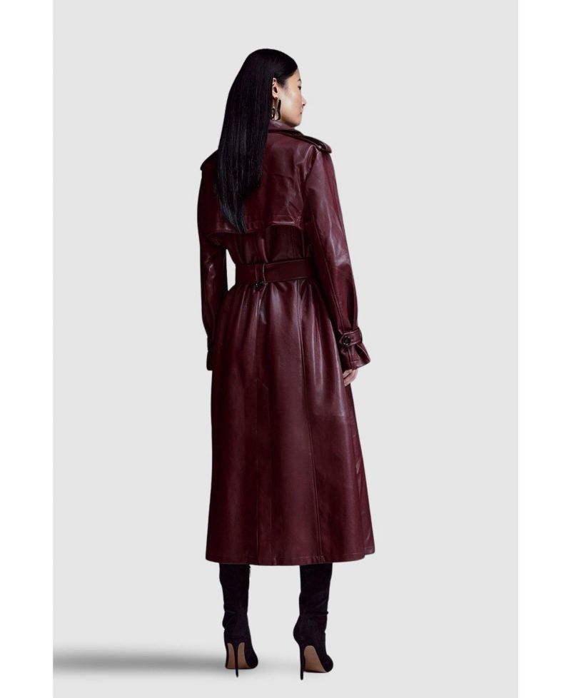 Women's Tailored Faux Leather Belted Trench Coat