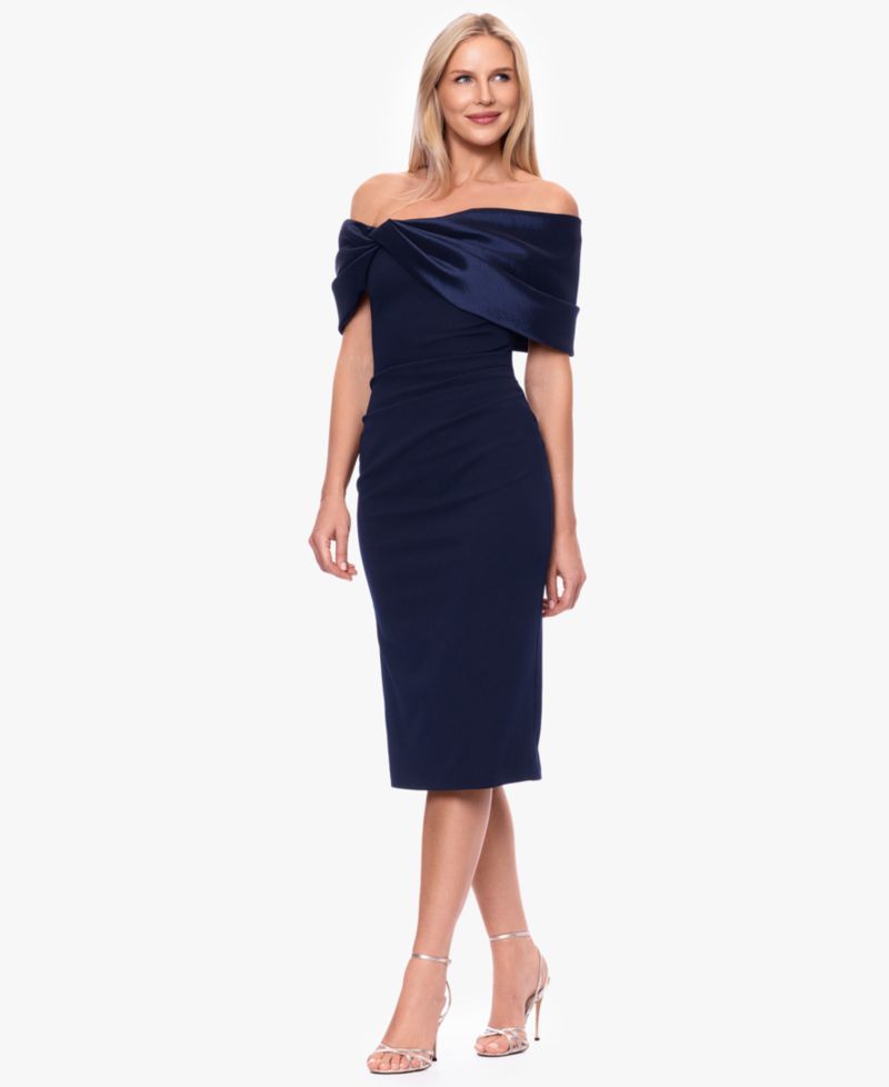 Plus Size Off-the-Shoulder Midi Sheath Satin Dress