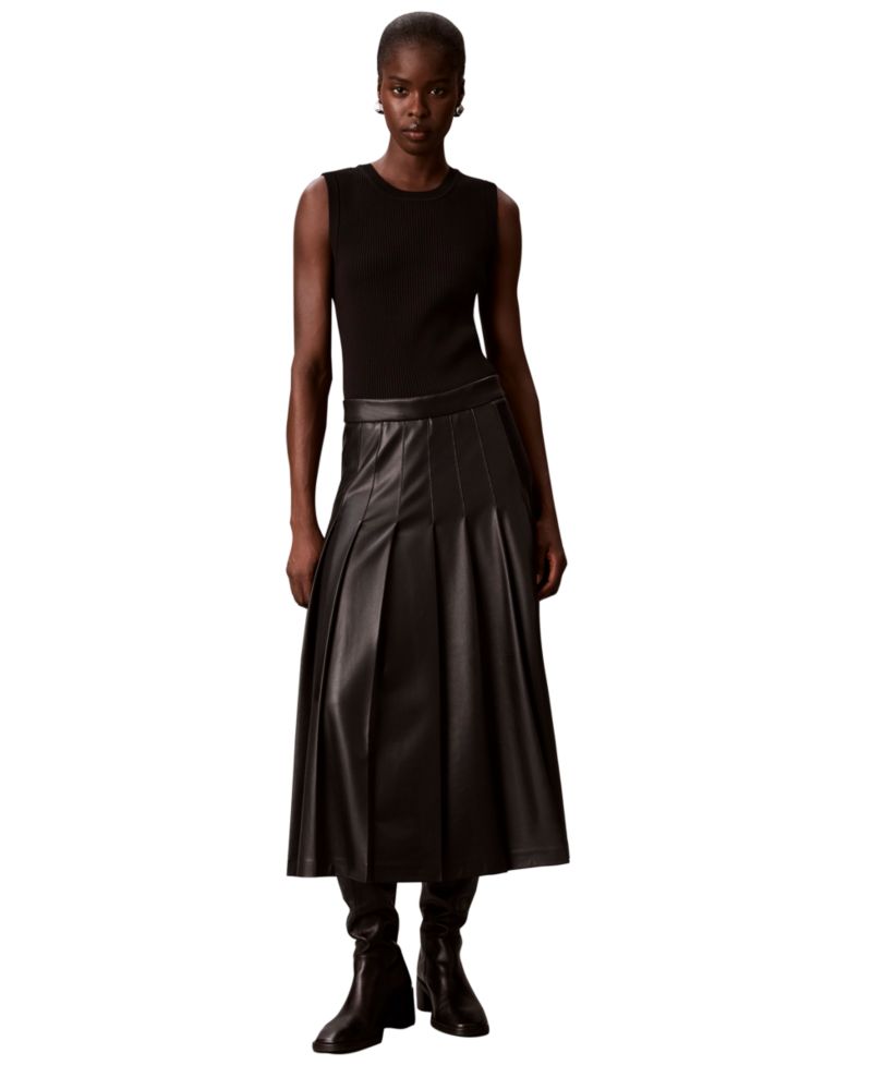 Women's Pleated Midi High-Waisted Faux Leather Skirt
