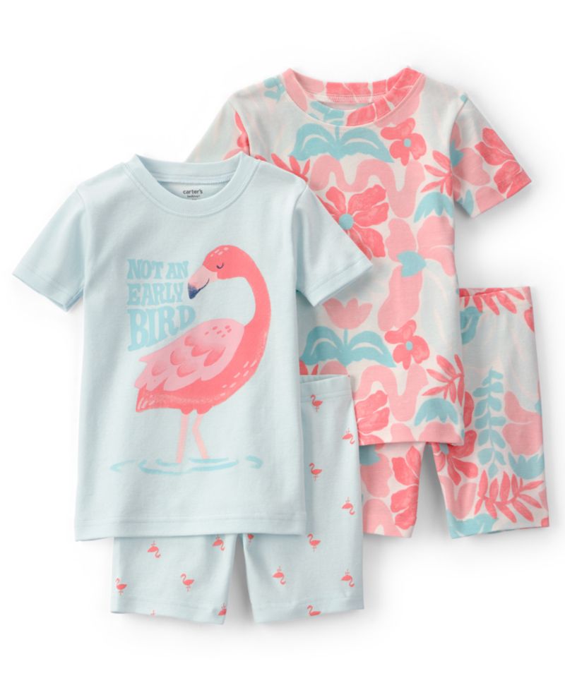 Girls' Baby and Toddler Flamingo Short-Sleeve T-Shirt and and Shorts Snug-Fit Cotton Pajama, 4-Piece Set