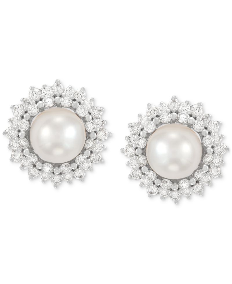 Cultured Freshwater Pearl (6mm) & Lab Grown Diamond (3/4 ct. t.w.) Halo Stud Earrings in 14k White Gold