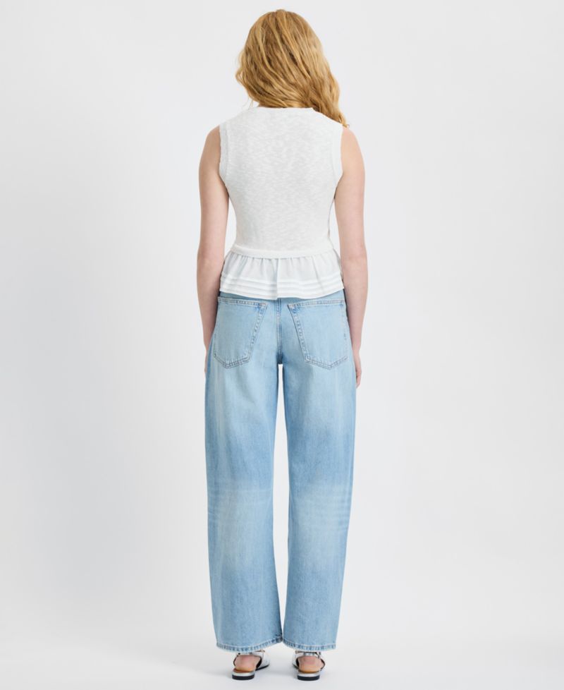 Women's Pascale Round Neck Mixed Media Poplin Top
