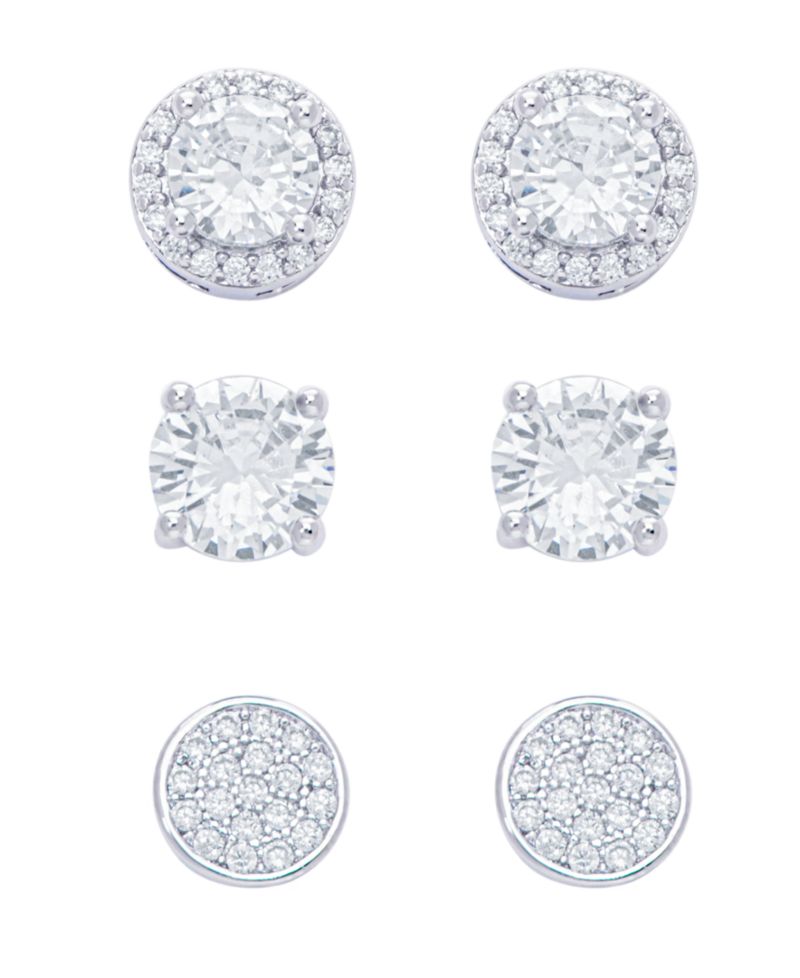 Women's Fine Silver Plated Round, Halo, Cubic Zirconia Stud Earrings Set, 6 Pieces