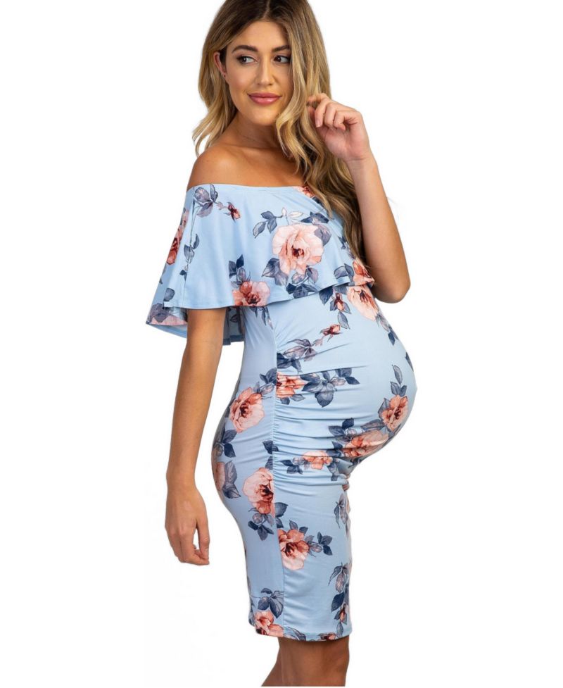 Women's Light Blue Rose Print Ruffle Fitted Dress