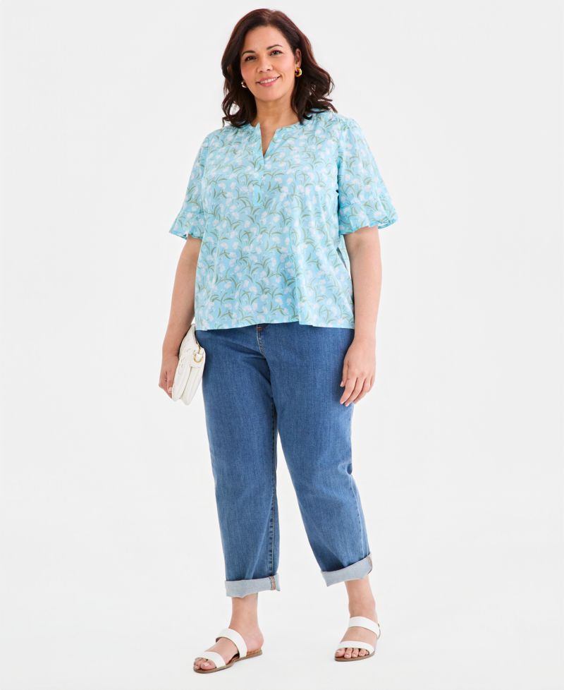 Petite Printed Cotton Split-Neck Popover Top