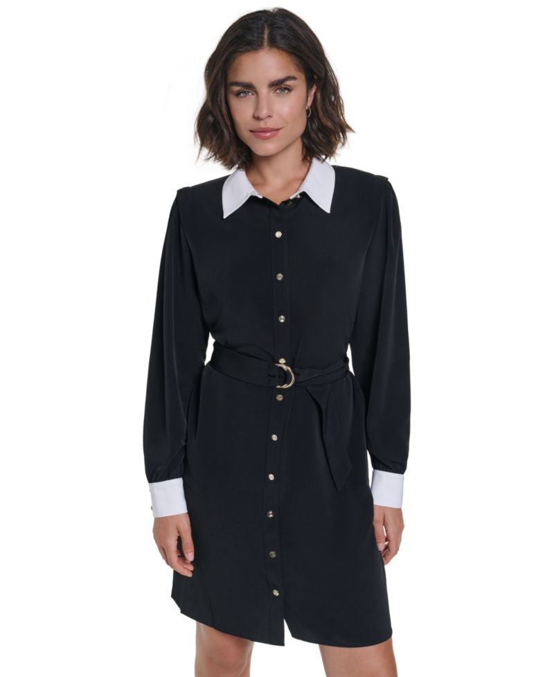 Women's Belted Contrast-Collar Shirtdress