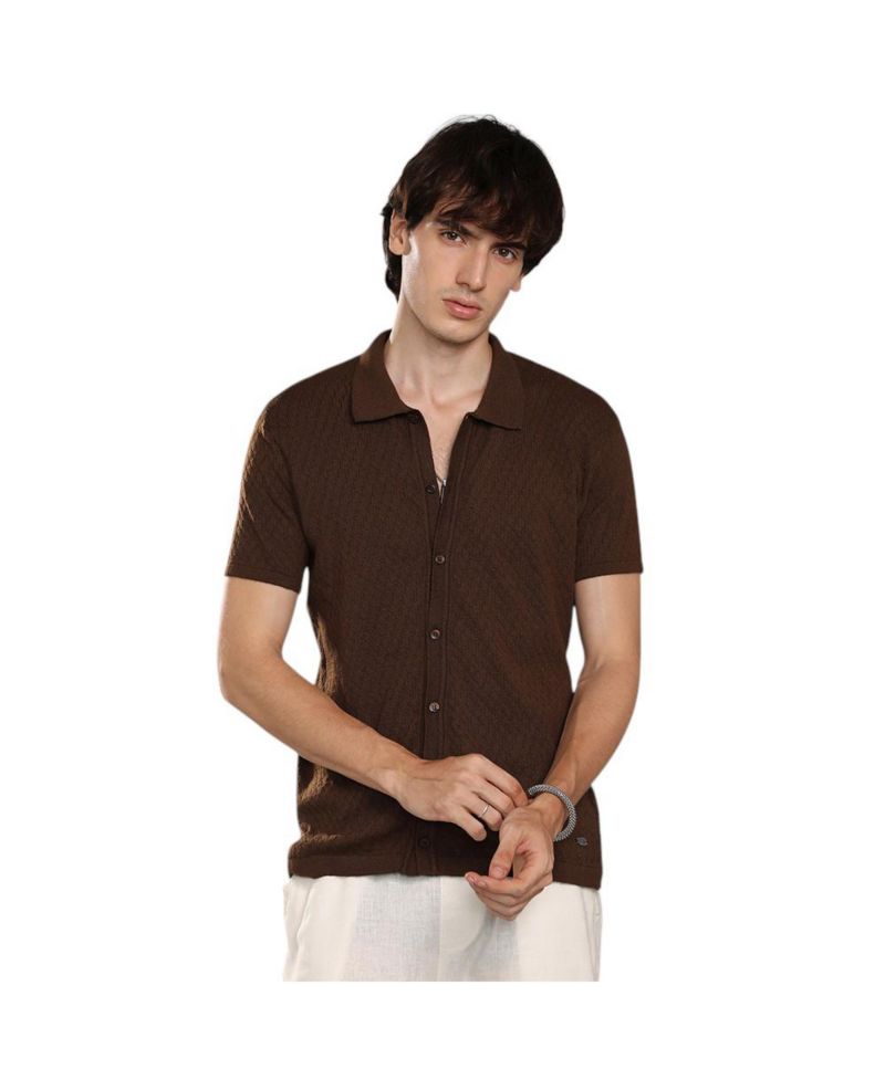 Men's Taupe Brown Rhombus-Textured Knit Shirt
