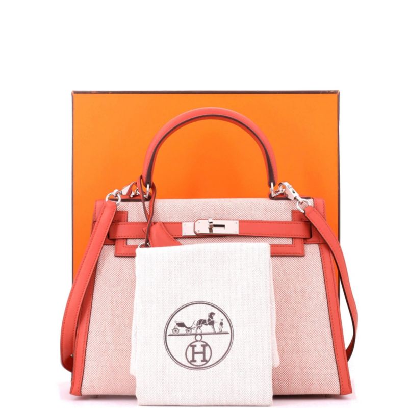 Kelly 28 Handbag Toile and Brown Swift with Palladium Hardware