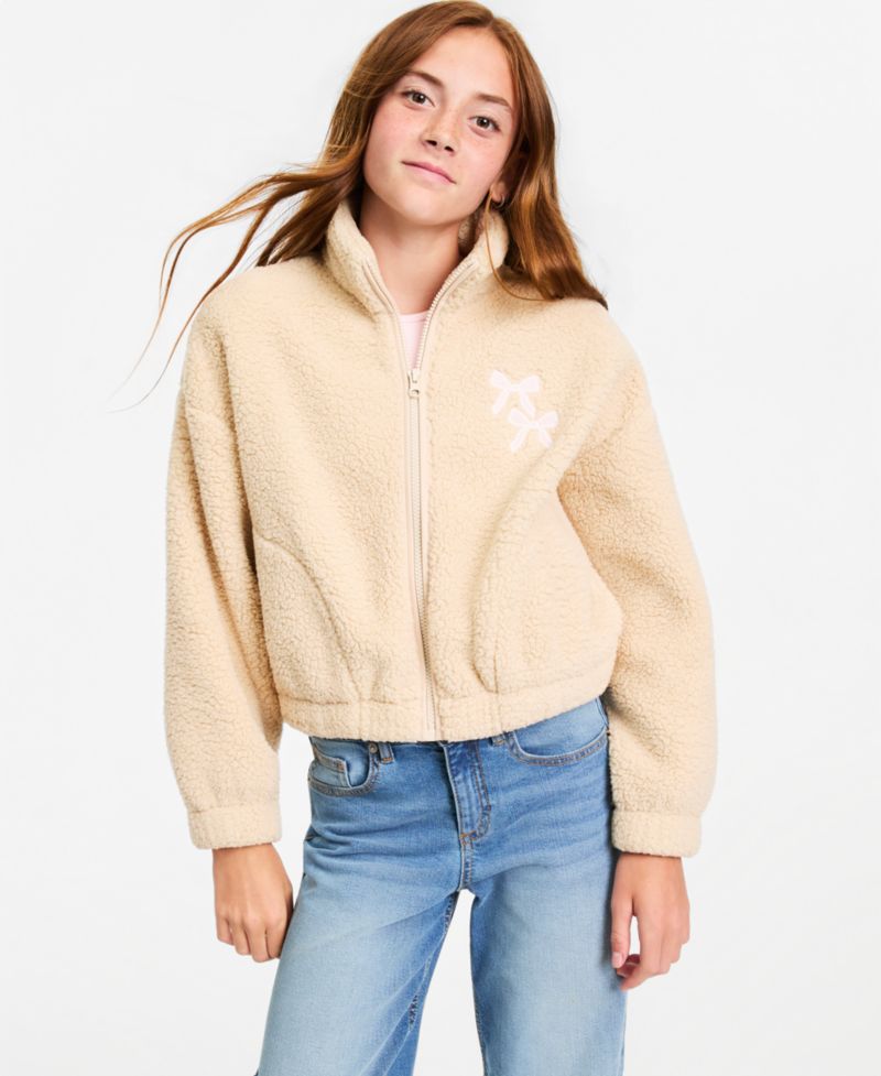 Girls' XS-XL Bow-Embroidery Faux-Sherpa Jacket