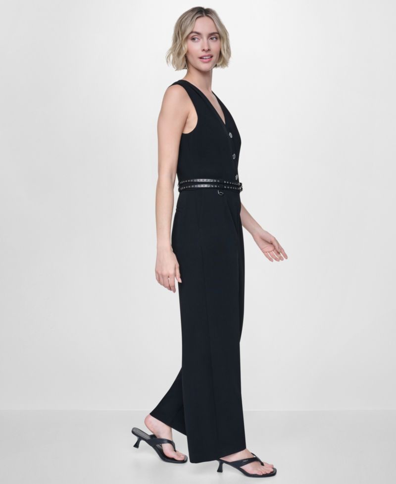 Women's Textured Belted Sleeveless Jumpsuit
