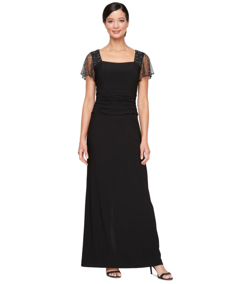 Women's Beaded Flutter-Sleeve Ruched Gown