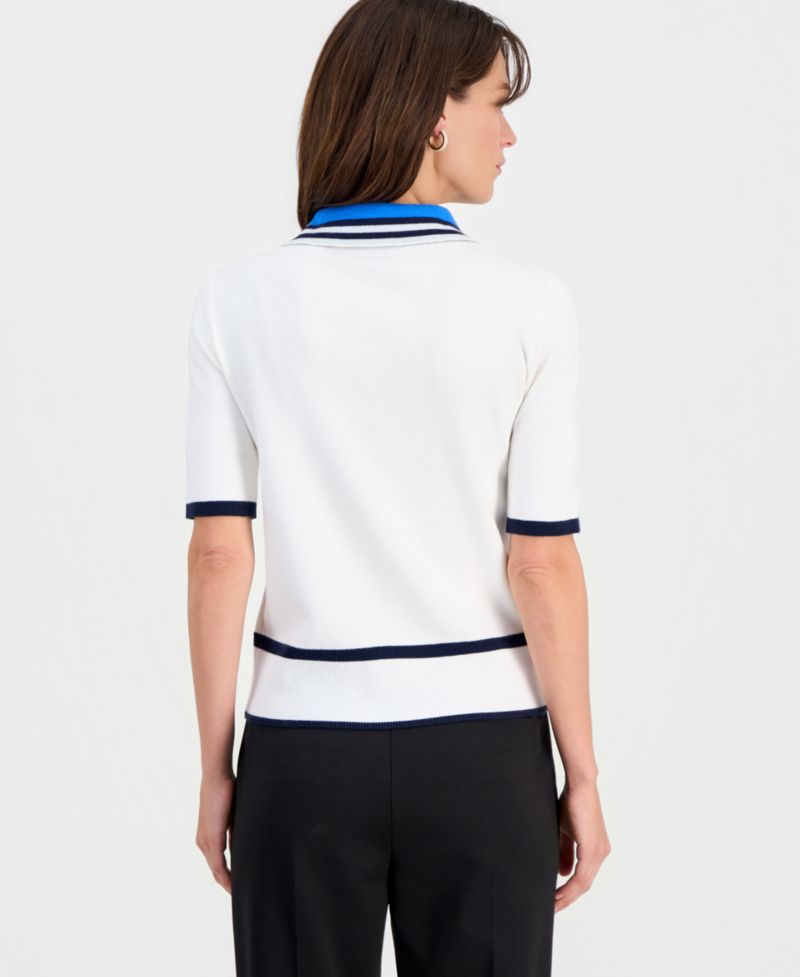 Women's Contrast-Trim Johnny Collar Pullover Top