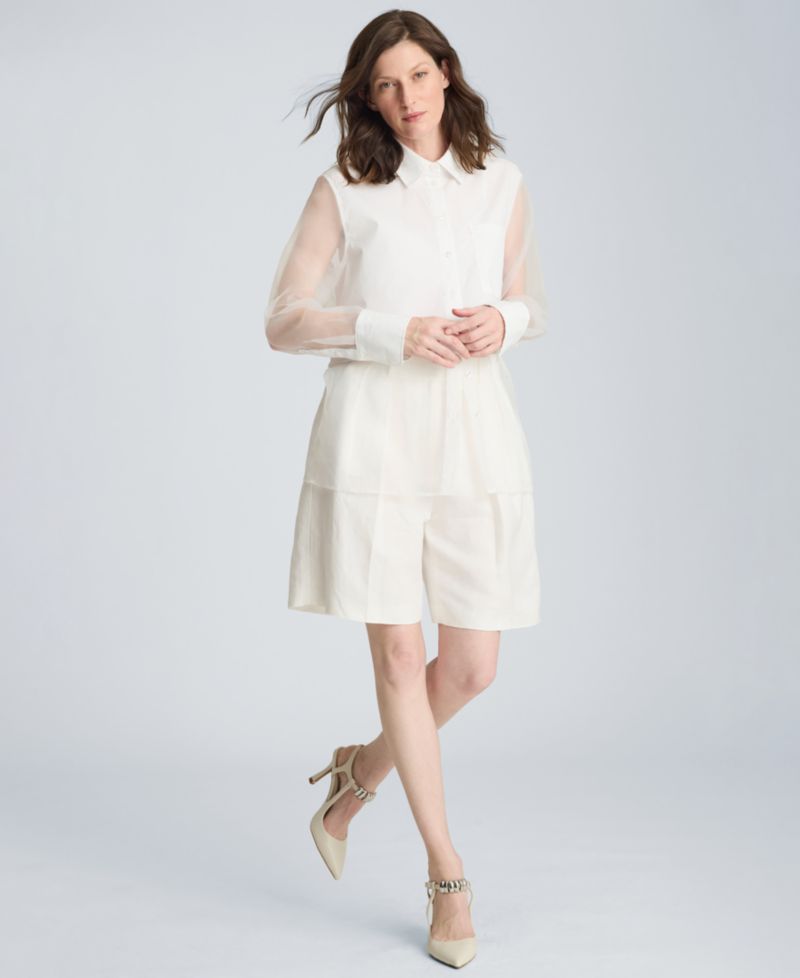 Women's Button Front Shirt with Sheer Overlay
