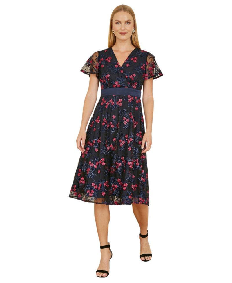 Women's Floral Mesh Wrap Midi Skater Dress