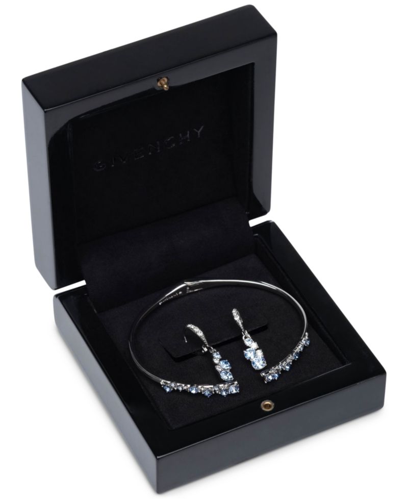 Silver-Tone 2-Pc. Set Stone Scatter Cluster Cuff Bangle Bracelet & Matching Drop Earrings