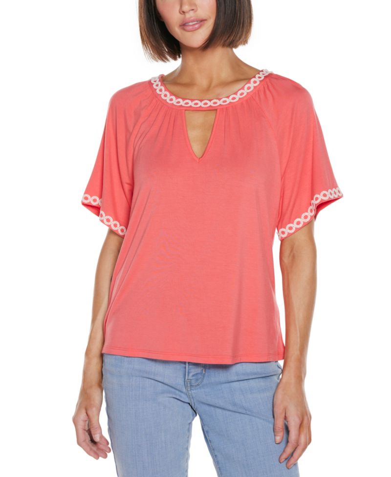 Women's Crochet Trim Short Sleeve Knit Top