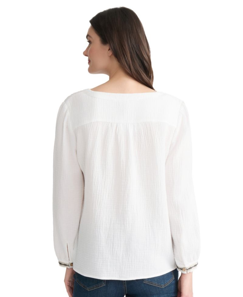 Petite V-Neck Embroidered Placket Popover Top