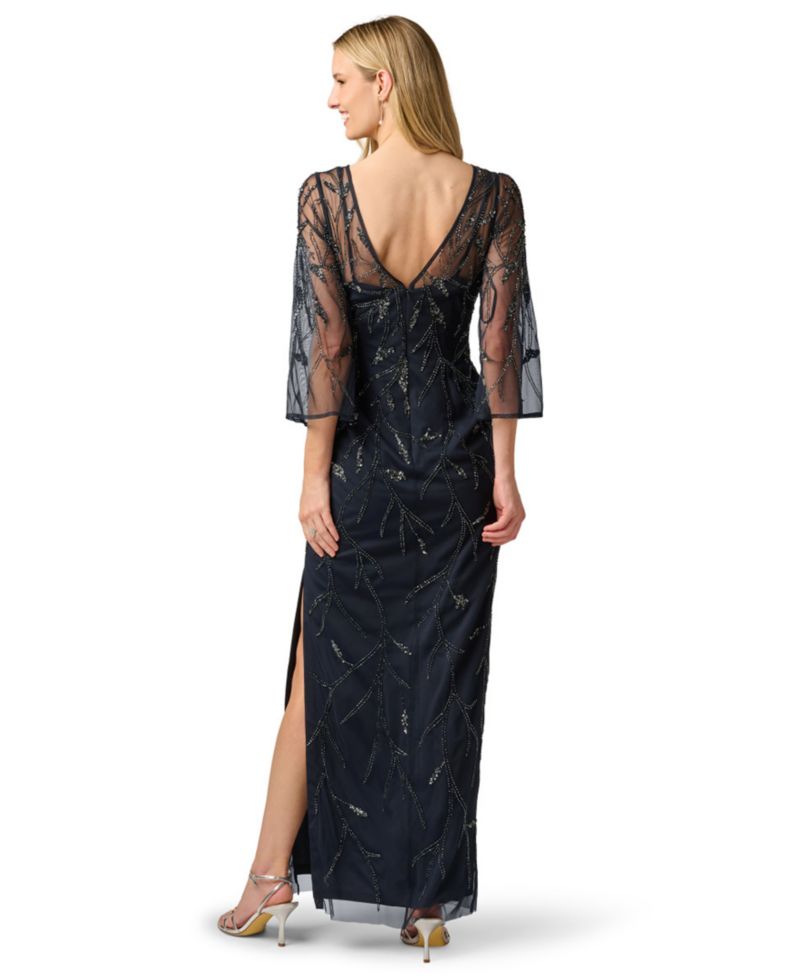 Women's Bead Mesh Illusion Boat Neck Gown