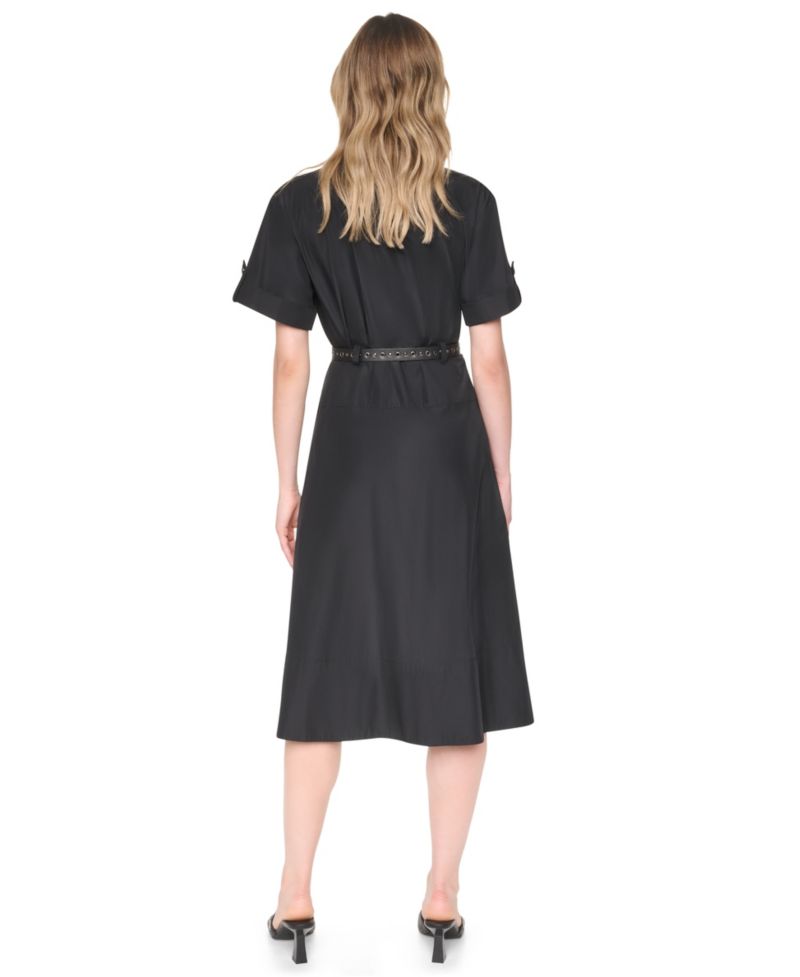 Women's Collared Short-Sleeve Removable Belt Midi Dress