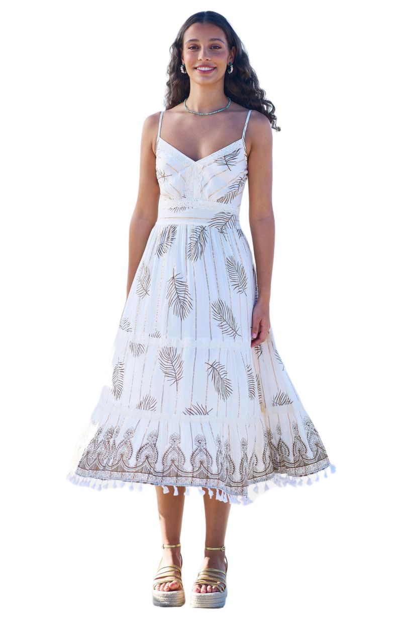 Women's Foil Print Lace Trim Midi Sun Dress
