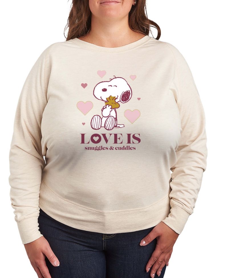 Women's Peanuts Snoopy And Woodstock Love Is Snuggles And Cuddles French Terry Long-Sleeve T-Shirt