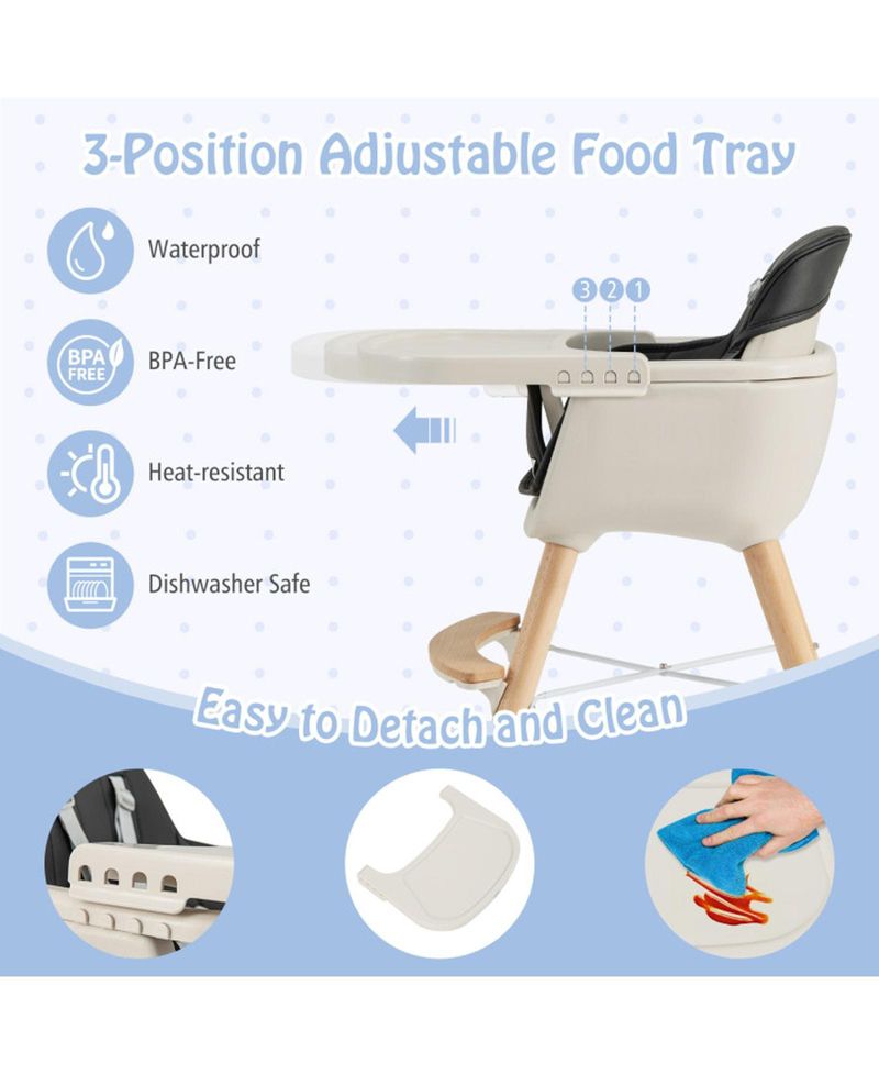 Baby 3-in-1 Convertible Wooden Baby High Chair with Cushion