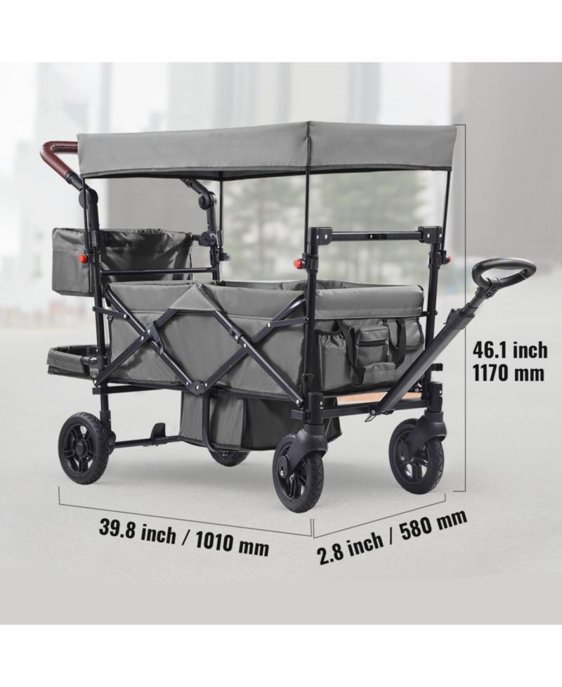Wagon Stroller for 2 Kids, Push Pull Quad Collapsible Stroller with Adjustable Handle, Encircling Harness and Removable Canopy for Camping