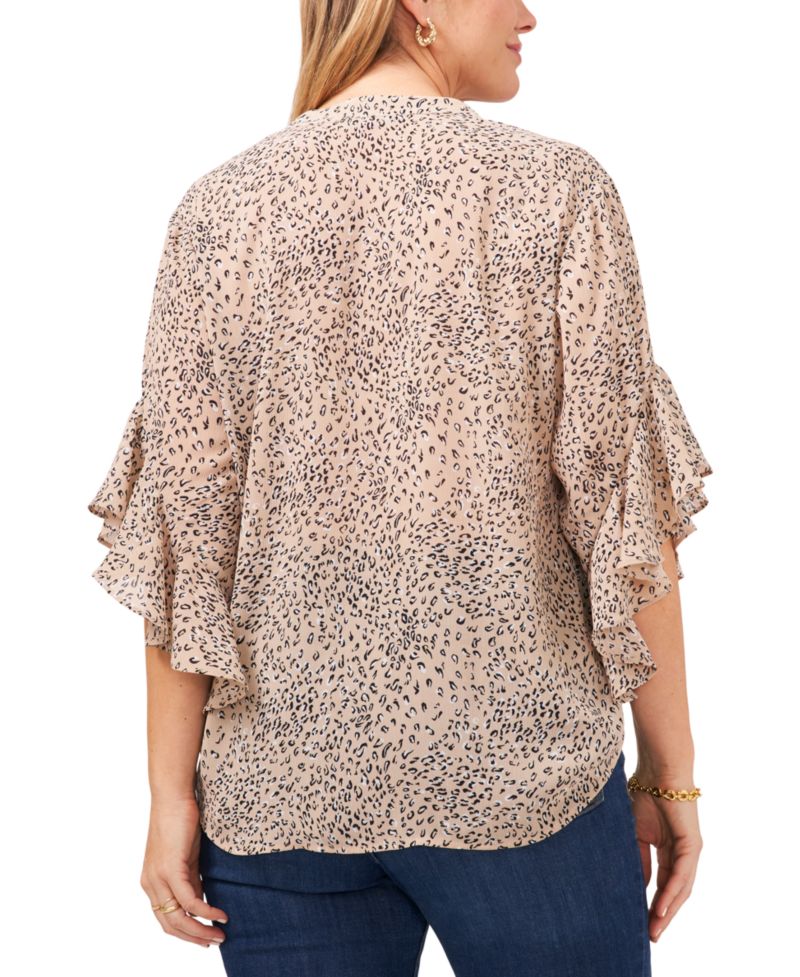Plus Size Cheetah-Print Pintuck V-Neck 3/4- Flutter-Sleeve Blouse