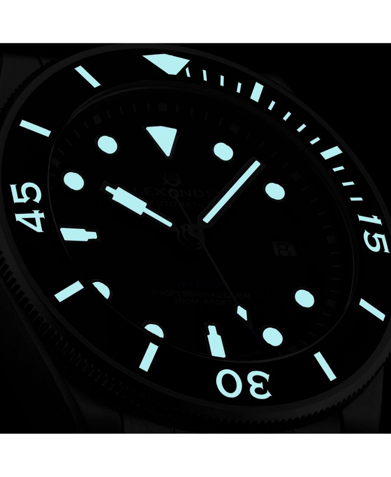 Vathos3 Men's Swiss Made Diver Watch 43mm Silver Tone Stainless Steel Case Black Dial Rotating Bezel Sapphire Crystal 200M Water Resistant