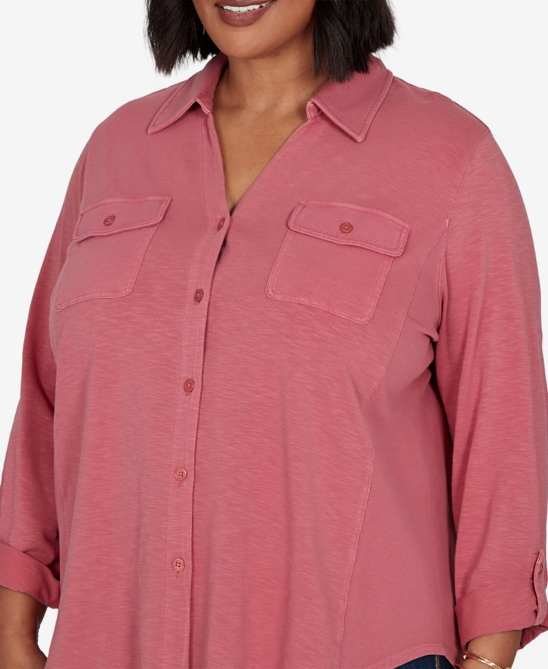 Plus Size Rib Trim Button-Front Knit Top
