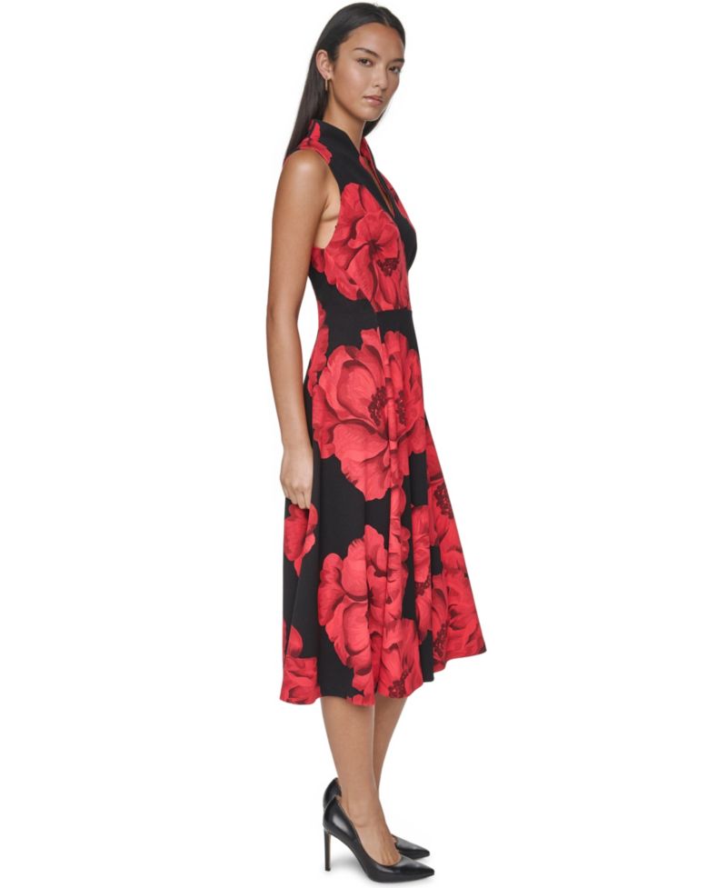 Petite Floral-Print A-Line Split-Neck Midi Dress