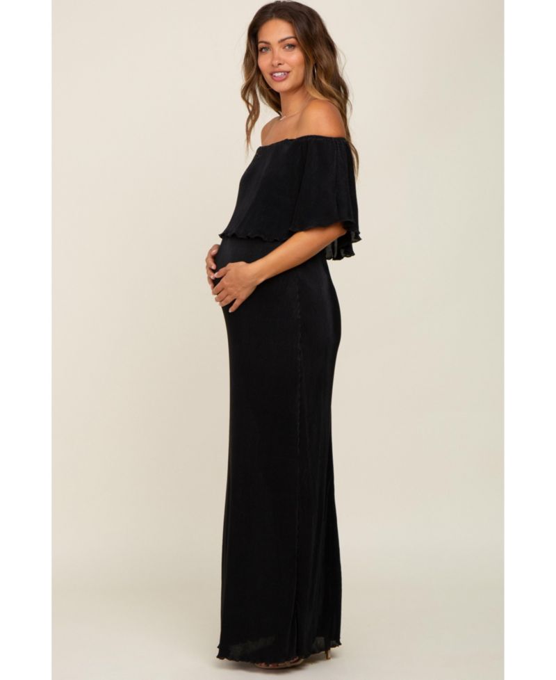 Women's Burgundy Pleated Ruffle Off Shoulder Maxi Dress