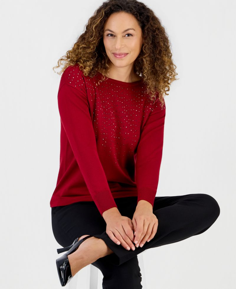 Petite Raining Sequin Boat-Neck Long-Sleeve Embellished Sweater