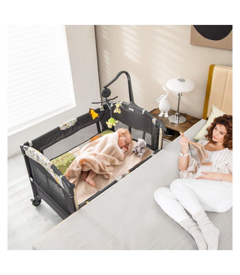 3-in-1 Convertible Portable Baby Playard with Music Box and Wheel and Brakes