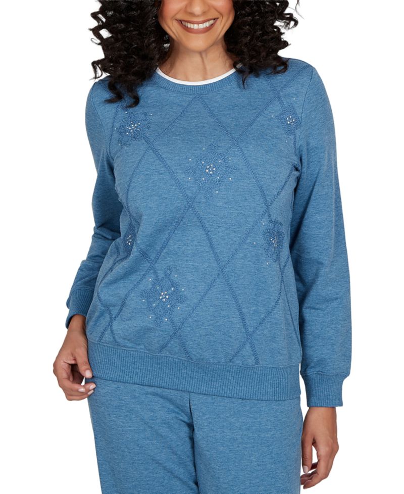 Women's Long-Sleeve Crewneck Argyle Pullover Top