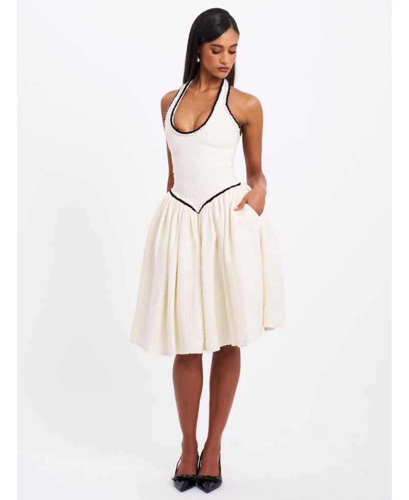 Women's Natalie U Neck Halter Drop Waist Tweed Midi Dress