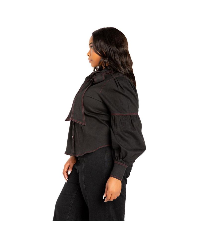 Women's Plus Size Bow Neck Puff Sleeve Denim Blouse