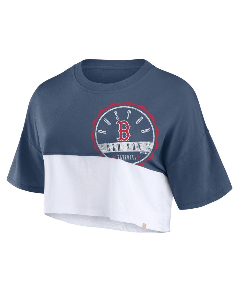 Women's Navy/White Boston Red Sox Color Split Boxy Cropped T-Shirt