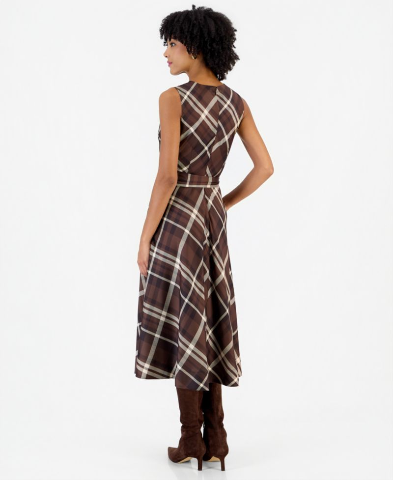 Women's Drape Neck Plaid Midi A-Line Dress