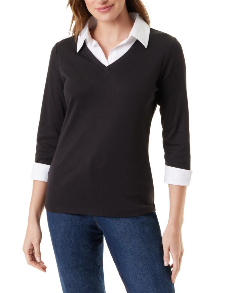 Women's Twofer Knit 3/4-Sleeve V-Neck Blouse