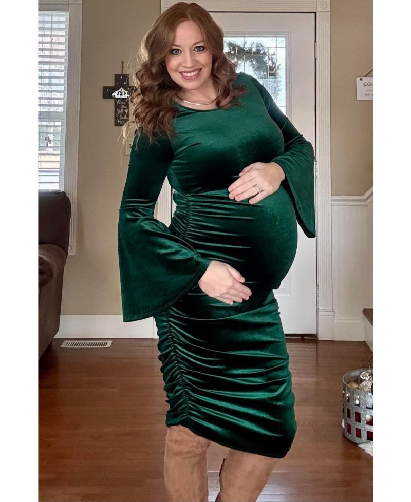 Women's Forest Green Velvet Ruched Bell Sleeve Dress