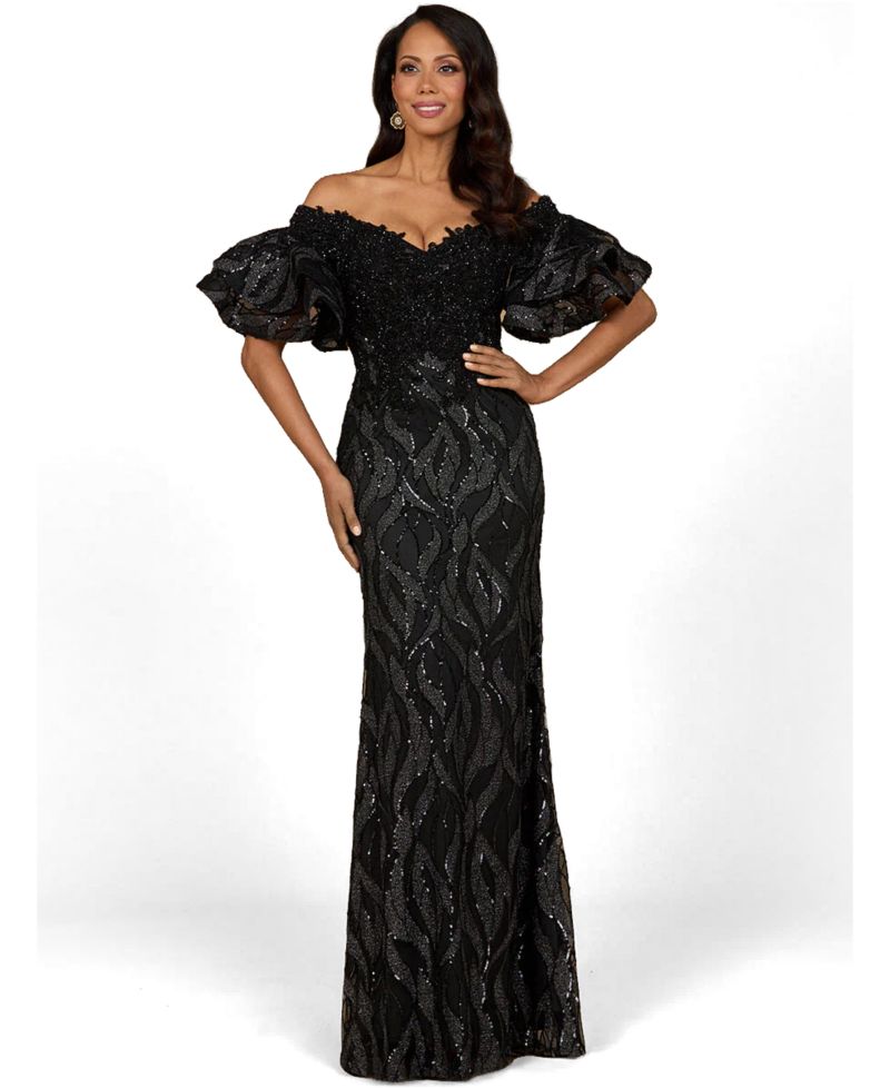 Women's Off Shoulder Mermaid Beaded Gown with Tiered Sleeves