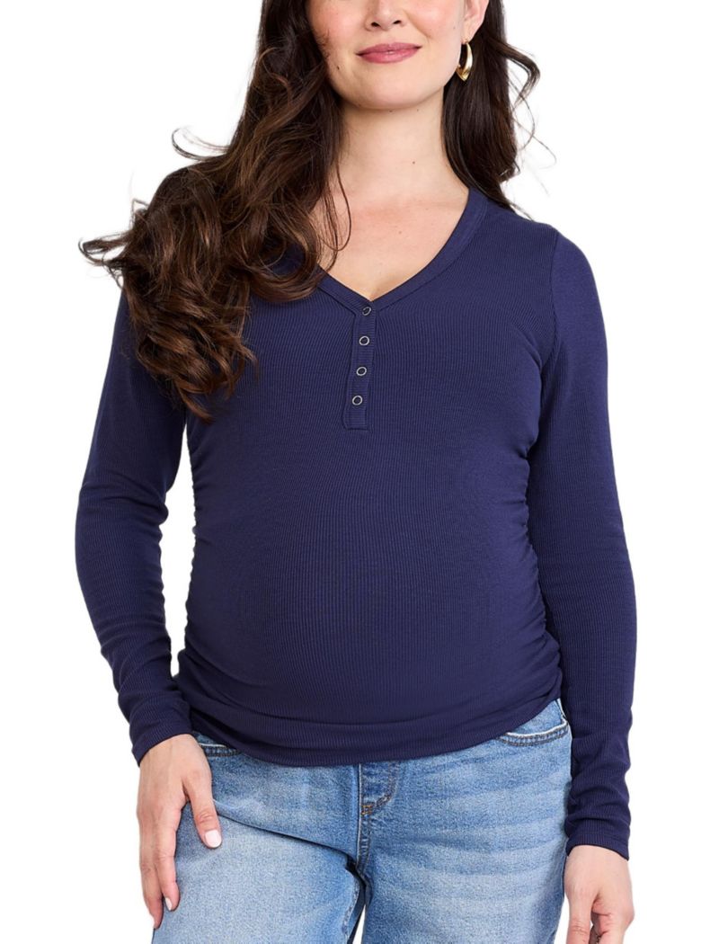 Women's V-Neck Side-Ruched Long Sleeve Henley Tee - Motherhood