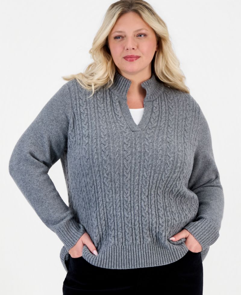 Plus Cable Split Mockneck Long-Sleeve Sweater